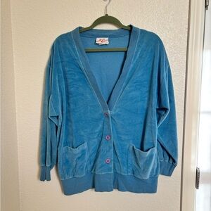 Vintage 80s Blue Velvet Cardigan Button Up Size Large Stranger Things
